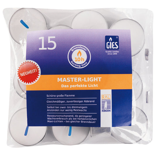 Gies Master-Lights Weiß – 15er Beutel | Ø 48 mm | 10 Stunden Brenndauer